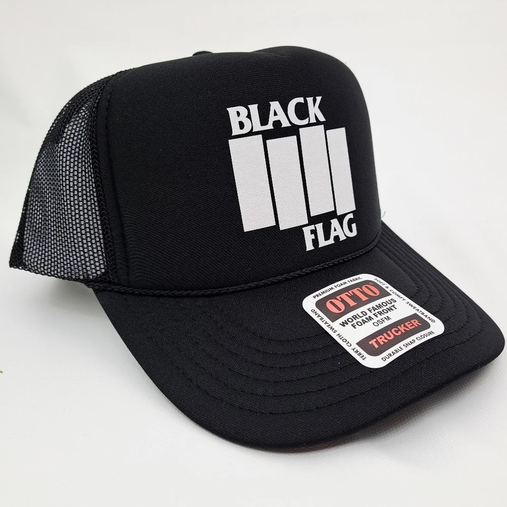 Black Flag Foam Mesh Snapback Trucker Hat Cap Black HTV application